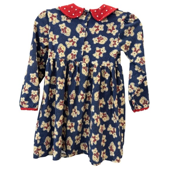 Buster Brown Girls 6X Teddy Bear Dress With Pockets Navy & Red Polka Dot Collar - Picture 4 of 6